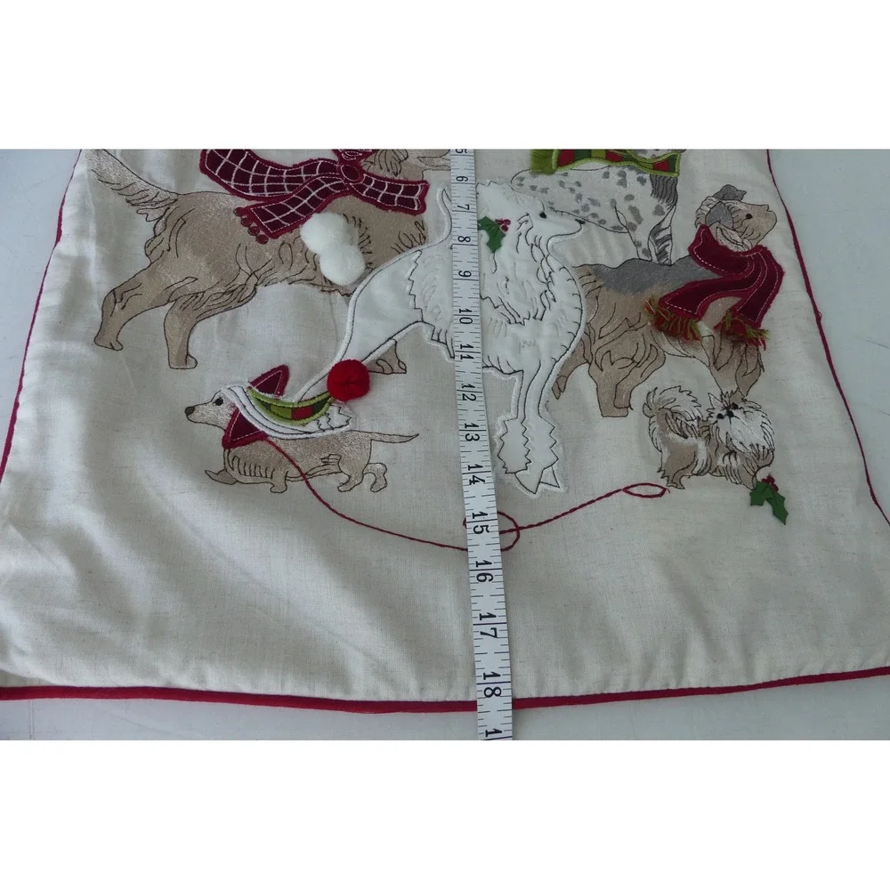 Pier 1 Imports Christmas Dogs Embroidered Throw Pillow Cover Red Cream 18x18 - Picture 8 of 10
